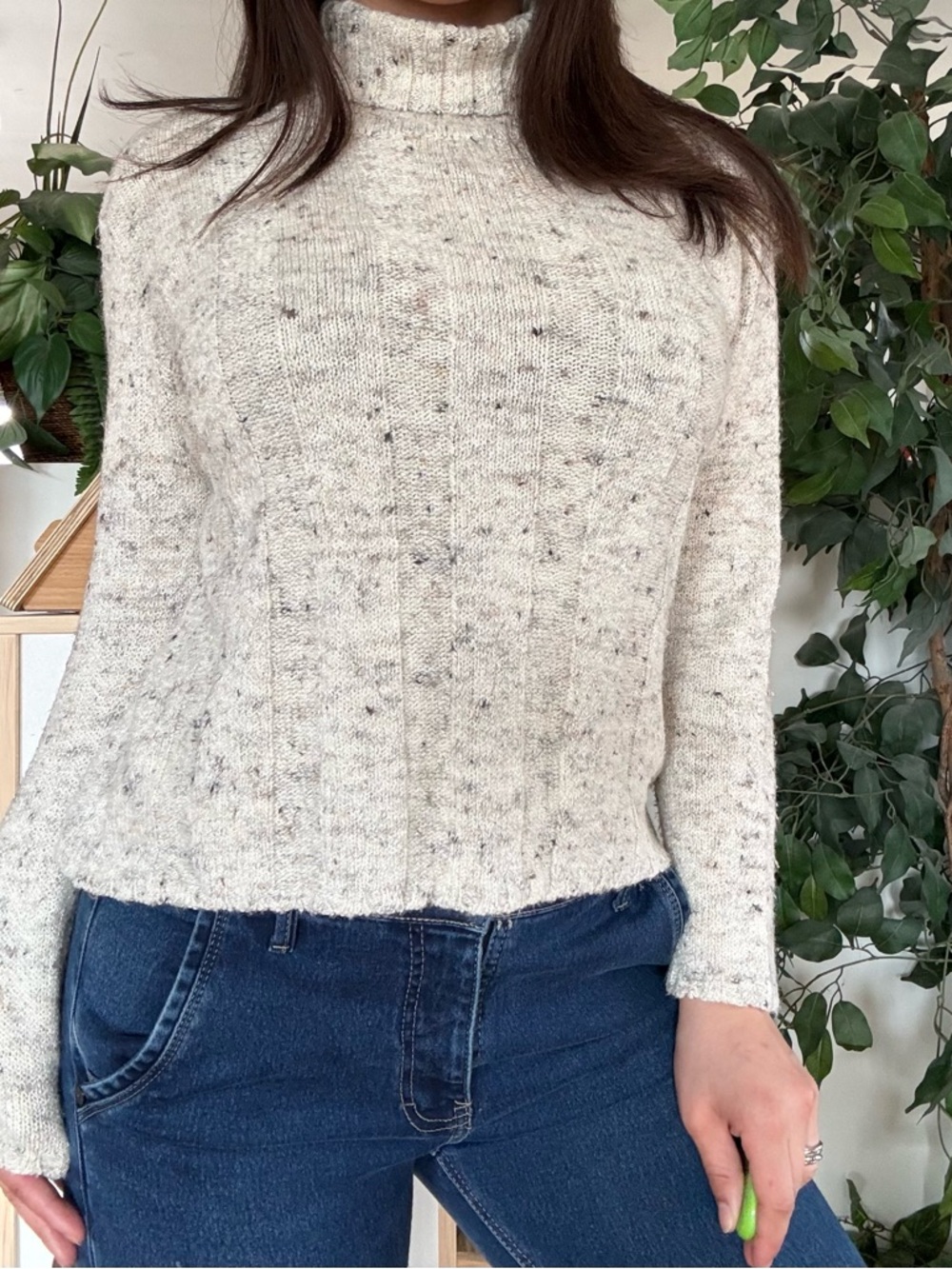 90s Vintage Knit Mock Neck Cropped Sweater Speckled